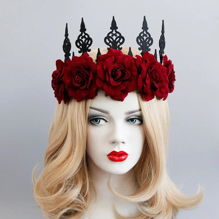 Gothic Tiara Crown Black Red Rose Headband Halloween King Bride Headdress Witch Cosplay Headdress Masquerade Party Headwear