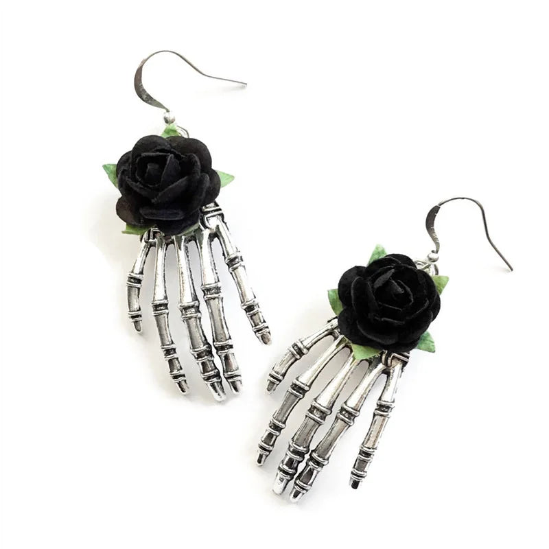 Gothic Red Rose And Silver Plated Skull Hand Earrings Wedding Party Holiday Gift For Men And Women Everyday Jewellery