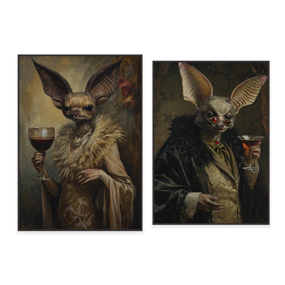 Gothic bat art, martini print, retro baroque renaissance vampire decoration, dark academic oil painting, gothic poster