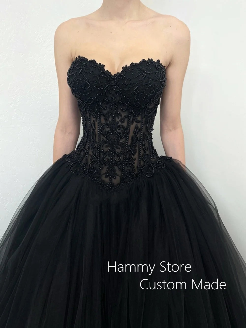 Pearls Gothic Wedding Dress Customized Sweetheart Applique Ball Gown Corset Bride Dresses Robe Mariee Black Wedding Gowns