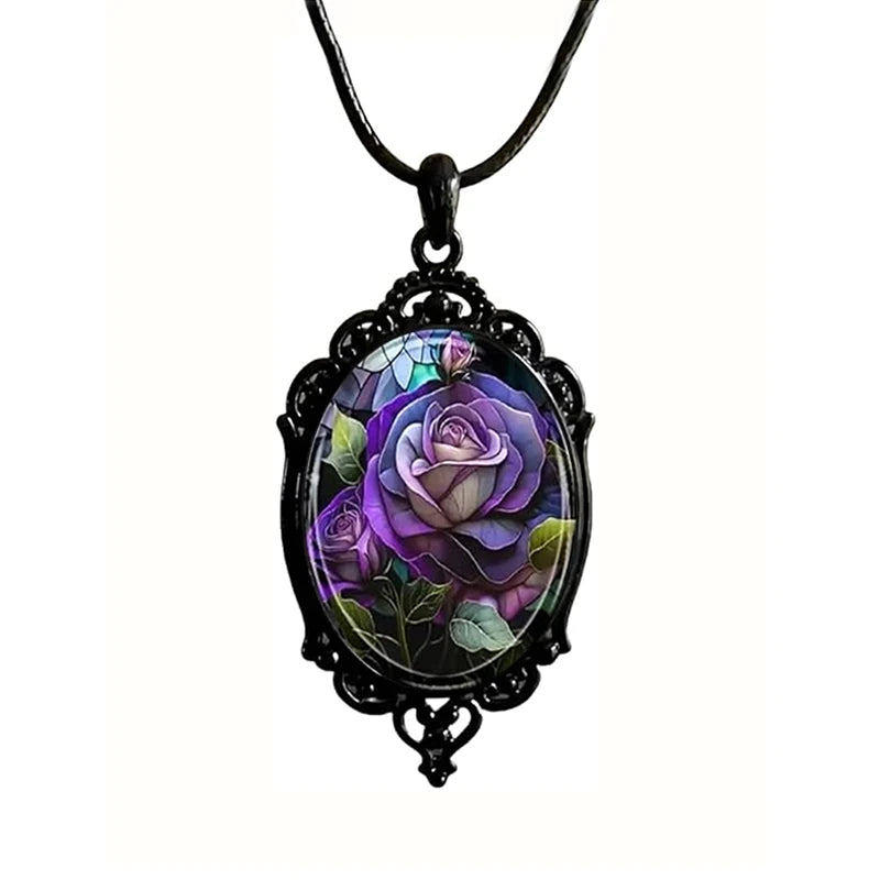 Gothic Style Oval Red Rose Flower Glass Pendant Necklace For Women Punk Halloween Jewelry Gifts