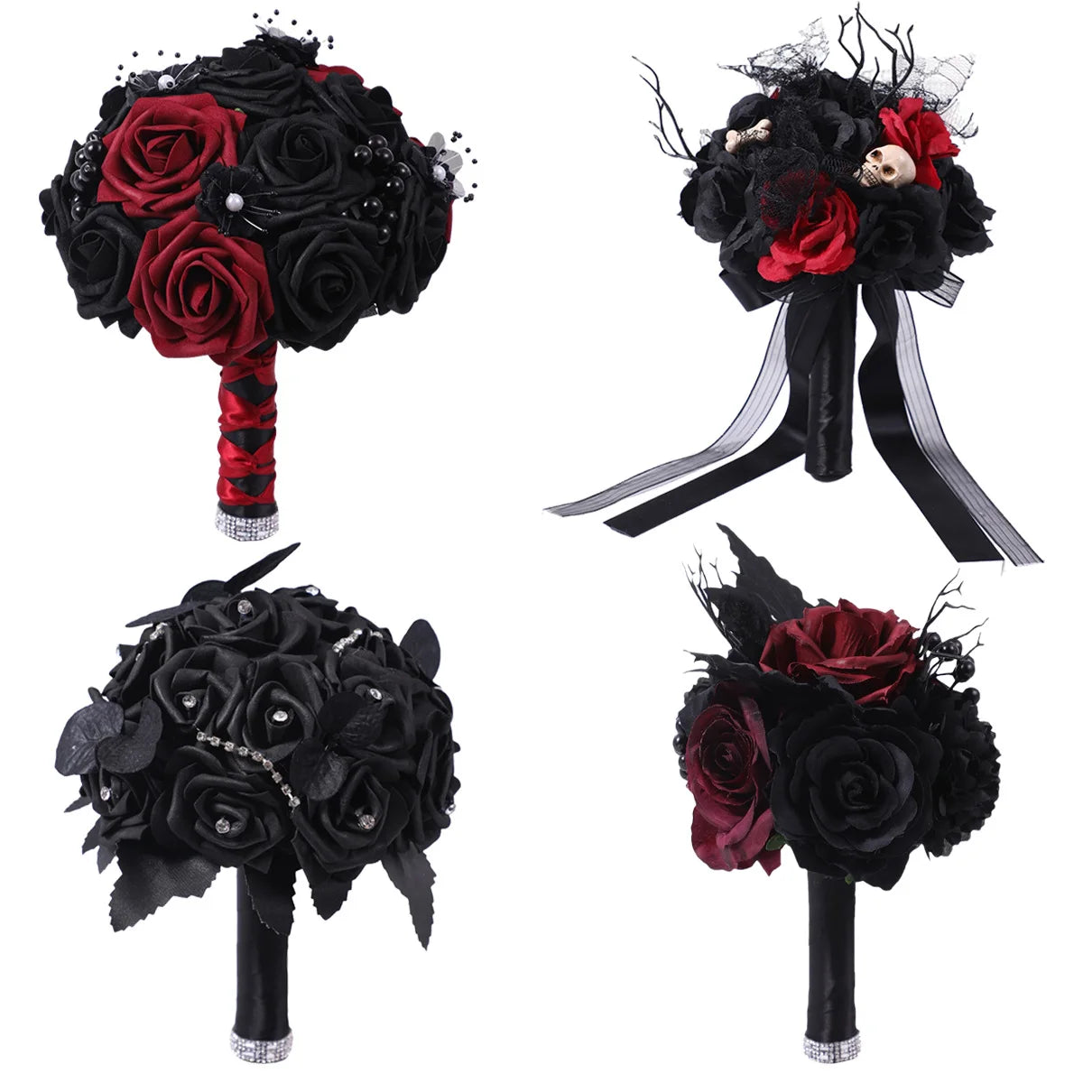 Gothic Wedding Bridal Bouquet Ghost Festival Red and Black Simulated Flowers Halloween Decoration Roses Handheld Flowers