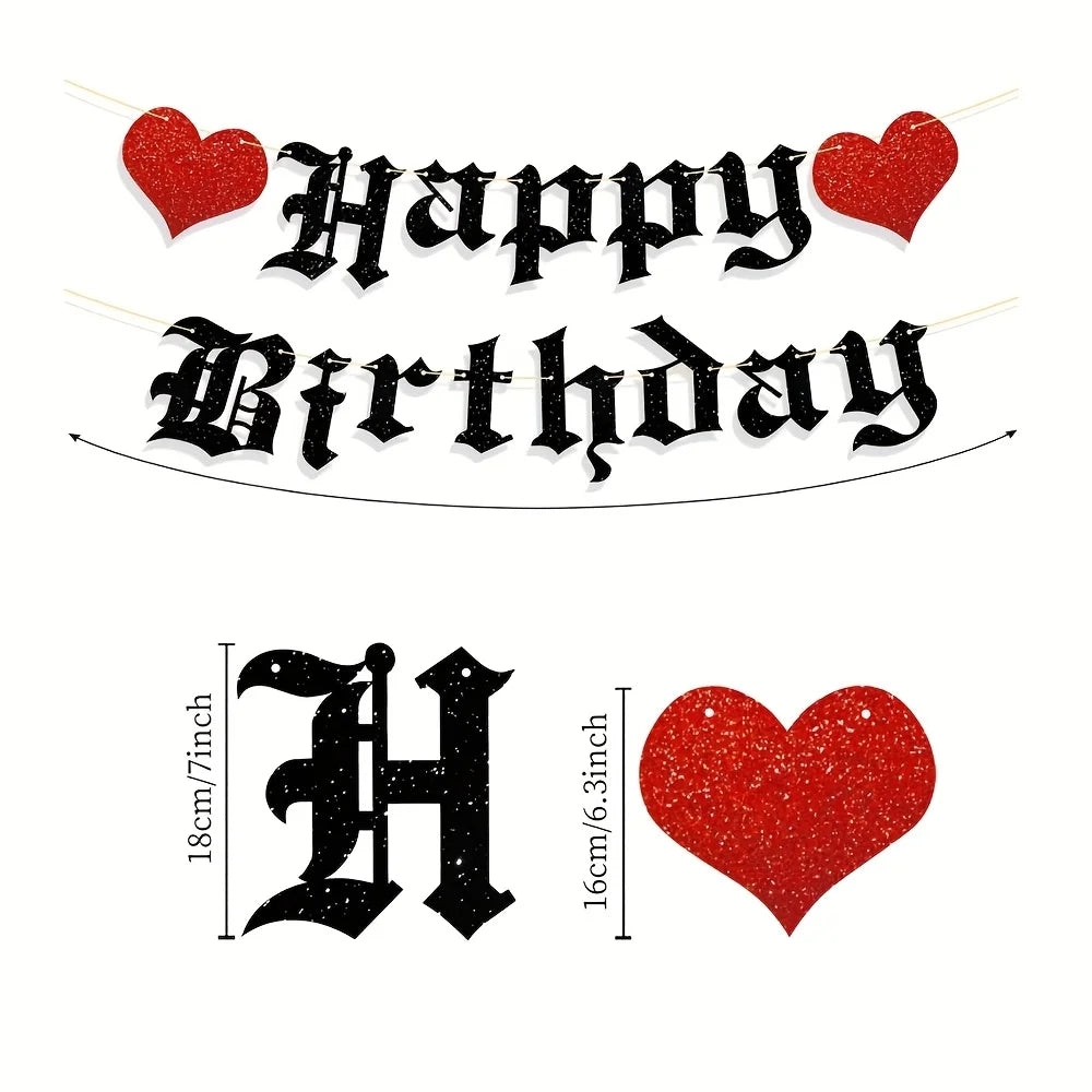 Goth Birthday Decorations, Gothic Happy Birthday Banner Glitter Funeral Party Supplies Halloween Birthday Party Banner Decoratio