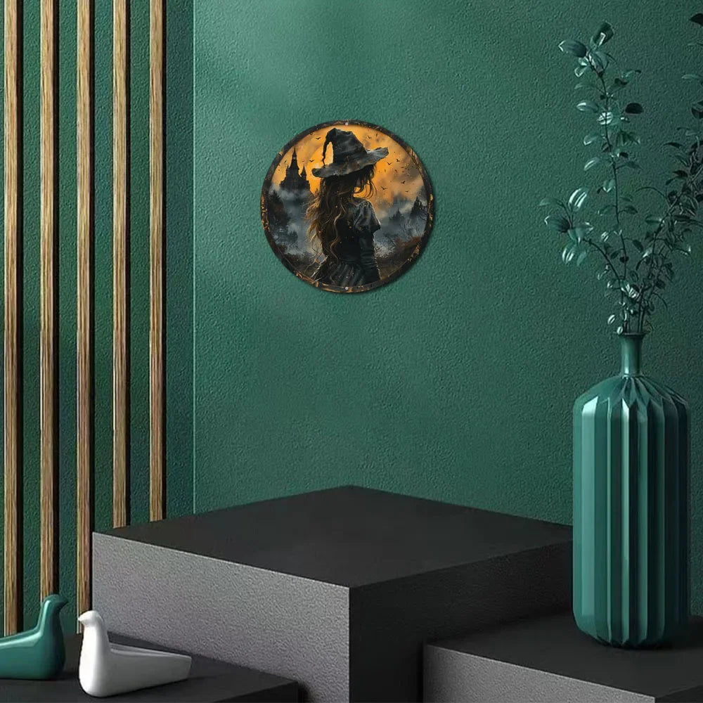 Gothic Witch Themed Art Deco, Metal Round Flat Sign, Unique Office Room, Home Door Decoration, Holiday Gift Idea, Wall Art Decor