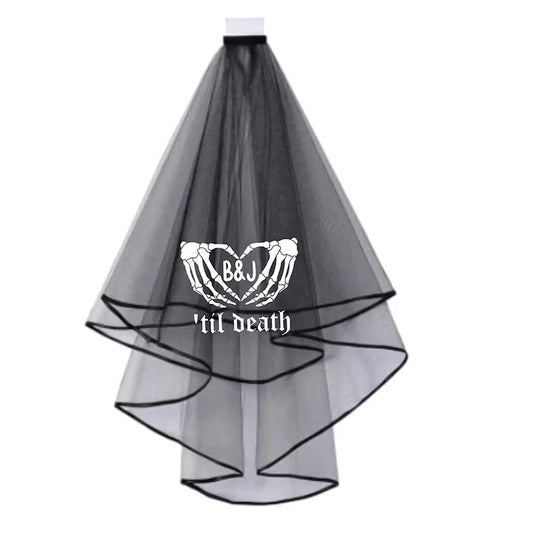 Personalised 'til death bride and groom initials Goth veil Gothic Wedding Bachelorette hen Party bridal shower decoration gift