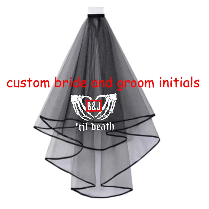 Personalised 'til death bride and groom initials Goth veil Gothic Wedding Bachelorette hen Party bridal shower decoration gift