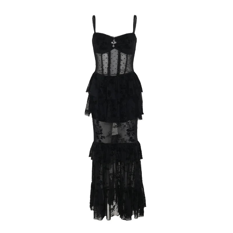 Gothic Dress Autumn 2024 New Sexy Long Dress Halloween Dark Style Elegant Mesh Strap Dress for Women