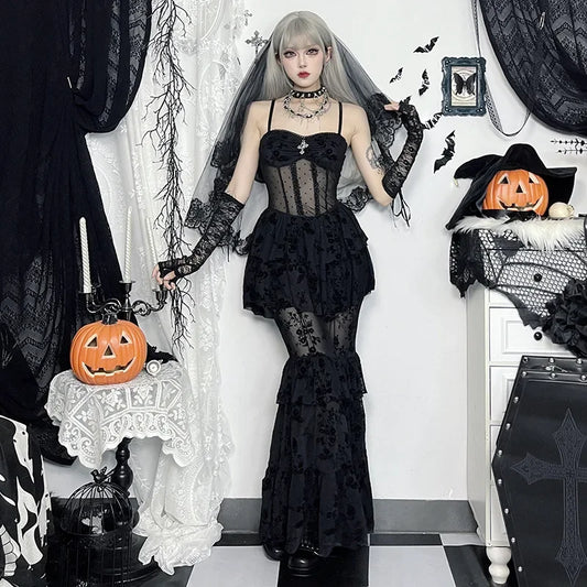 Gothic Dress Autumn 2024 New Sexy Long Dress Halloween Dark Style Elegant Mesh Strap Dress for Women