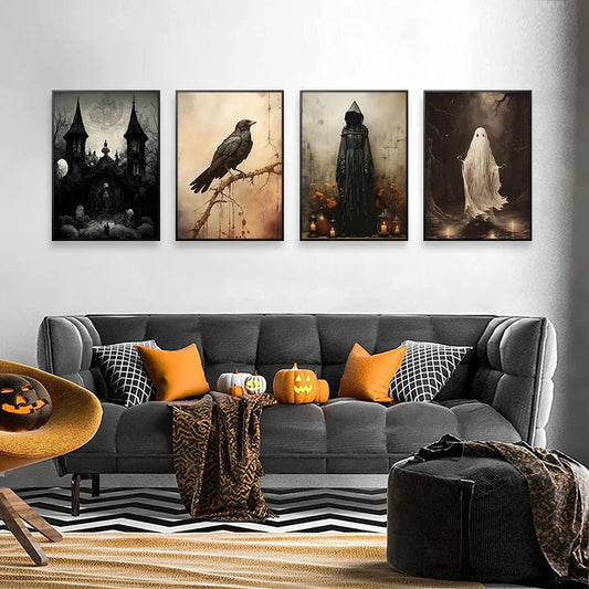 Gothic Halloween Decor Wall Art Painting Abstract Dark Castle Crow Ghost Print Canvas Art Poster for Halloween Party Decor