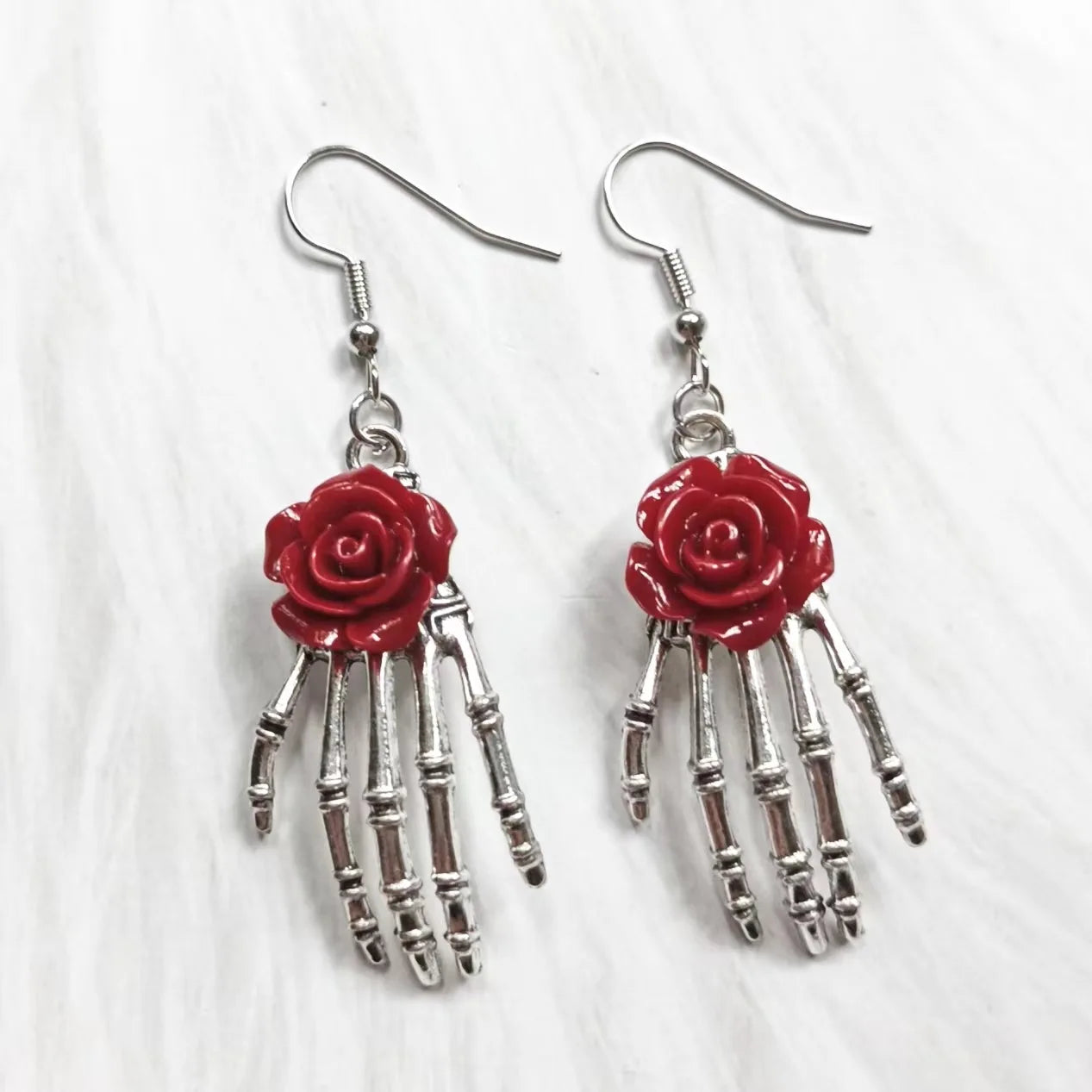 Gothic Red Rose And Silver Plated Skull Hand Earrings Wedding Party Holiday Gift For Men And Women Everyday Jewellery