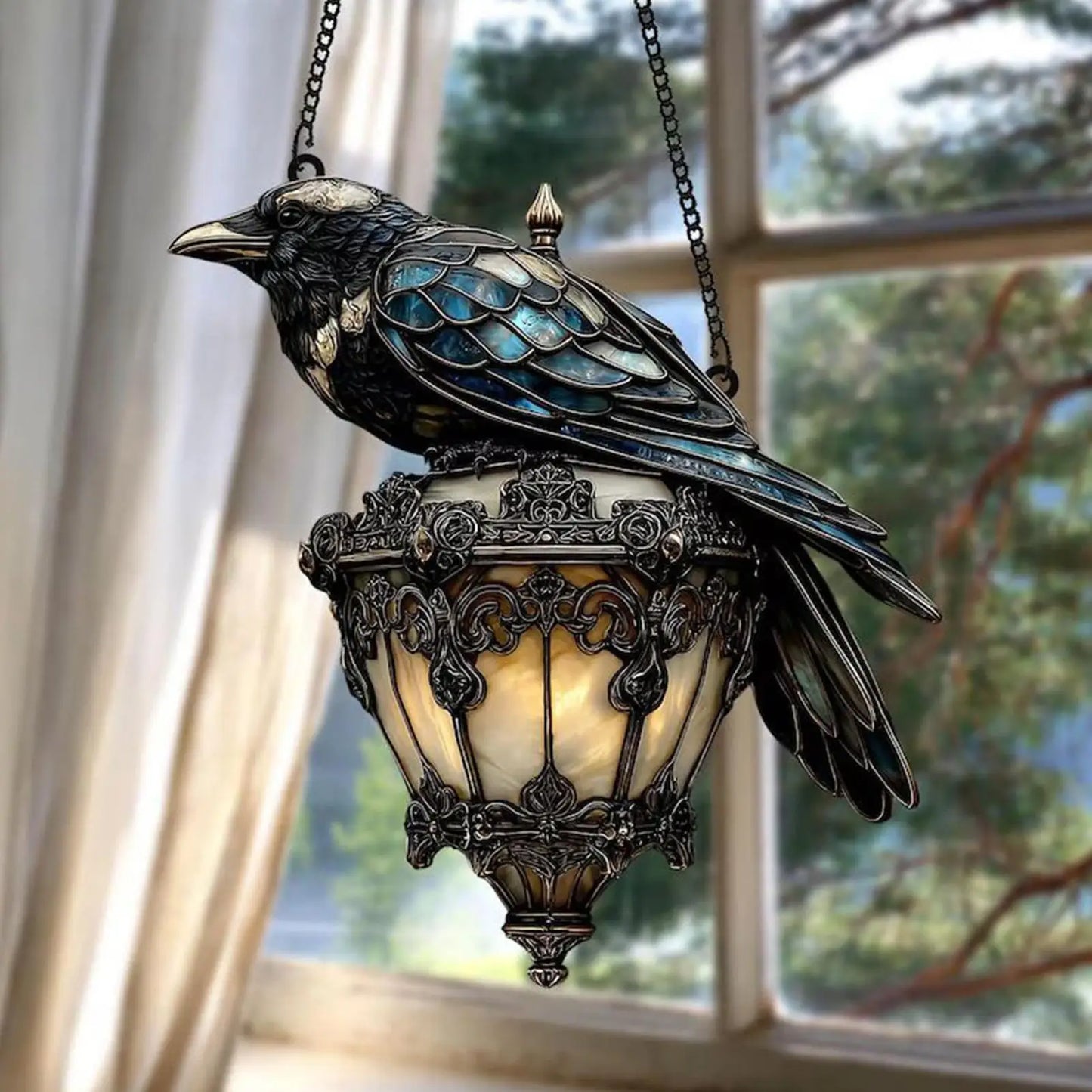 Gothic Crow on Lantern Ornament Sign 2D Acrylic Sign Halloween crow stained glass lantern Home Decorations for Holiday Party