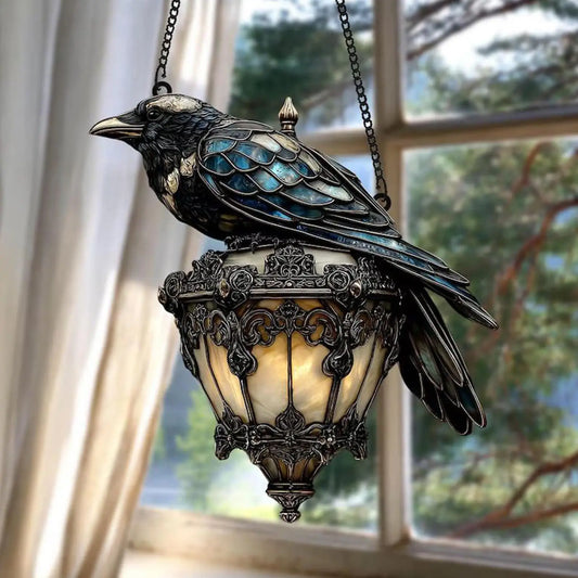 Gothic Crow on Lantern Ornament Sign 2D Acrylic Sign Halloween crow stained glass lantern Home Decorations for Holiday Party