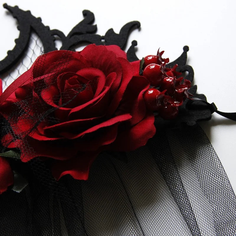 Gothic Tiara Crown Black Red Rose Headband Halloween King Bride Headdress Witch Cosplay Headdress Masquerade Party Headwear