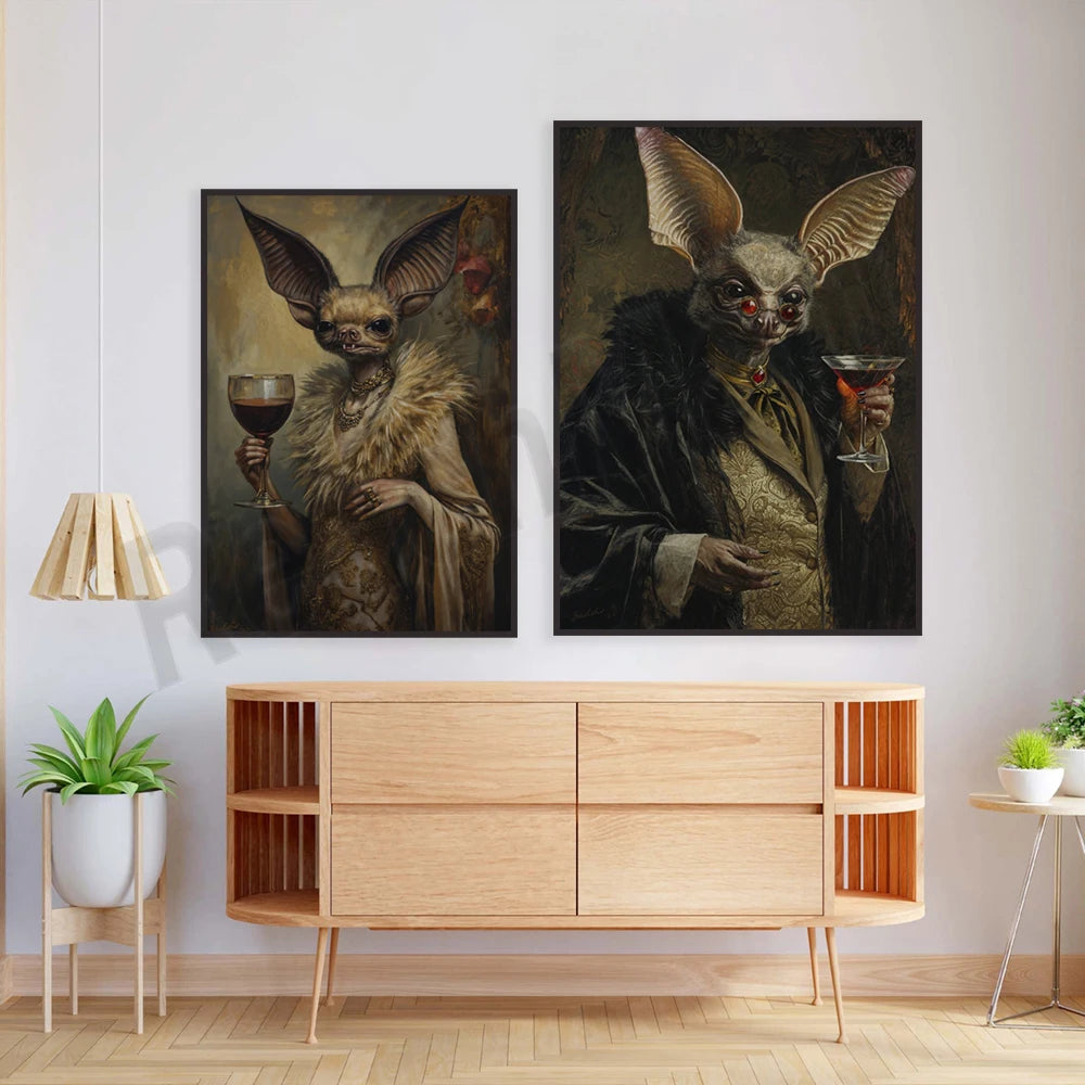 Gothic bat art, martini print, retro baroque renaissance vampire decoration, dark academic oil painting, gothic poster