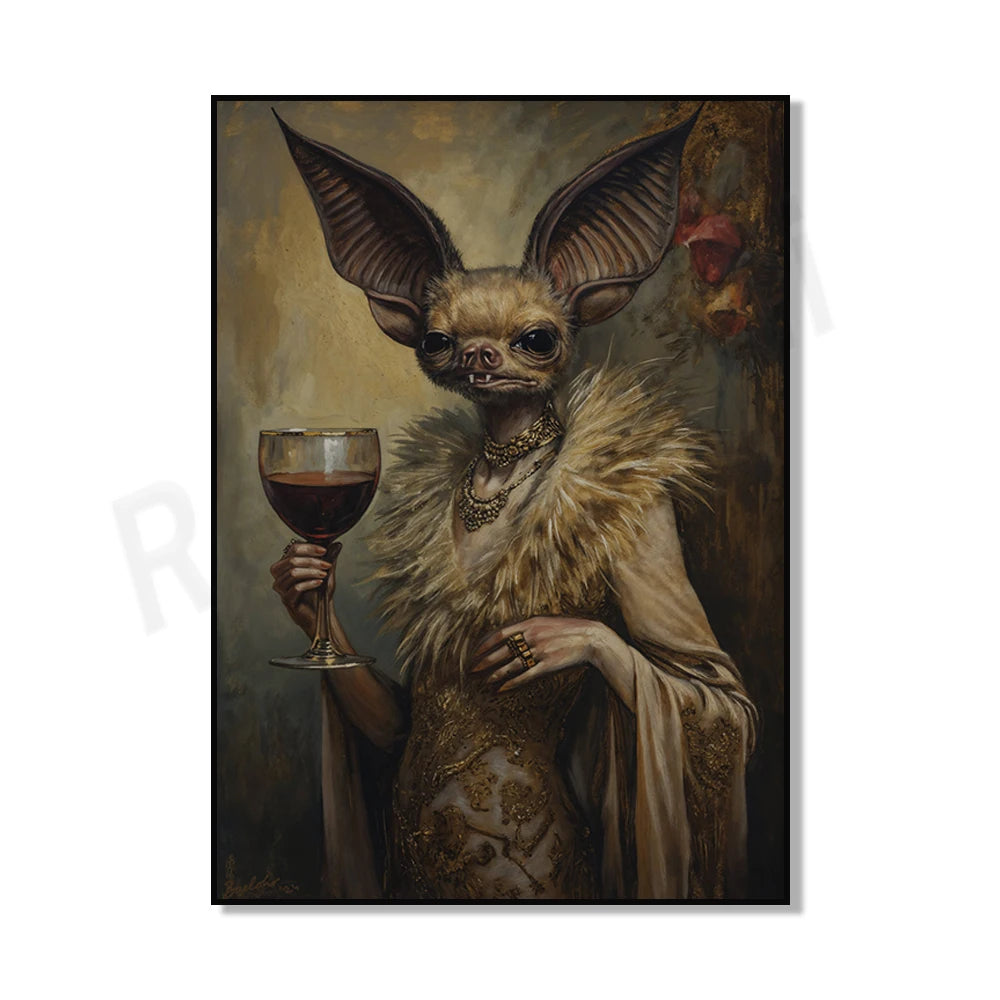 Gothic bat art, martini print, retro baroque renaissance vampire decoration, dark academic oil painting, gothic poster