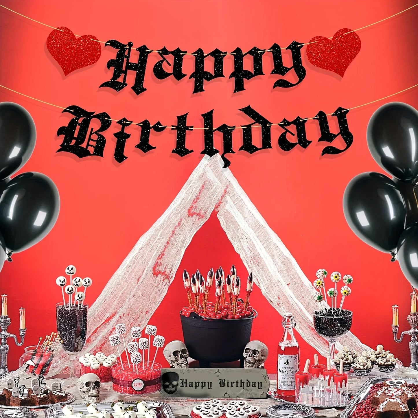 Goth Birthday Decorations, Gothic Happy Birthday Banner Glitter Funeral Party Supplies Halloween Birthday Party Banner Decoratio