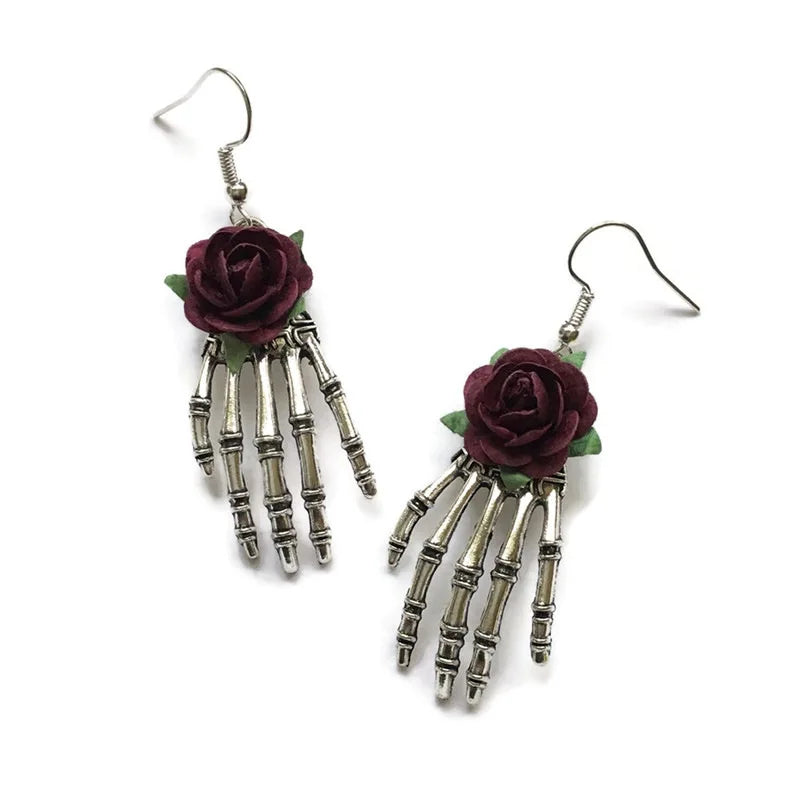 Gothic Red Rose And Silver Plated Skull Hand Earrings Wedding Party Holiday Gift For Men And Women Everyday Jewellery