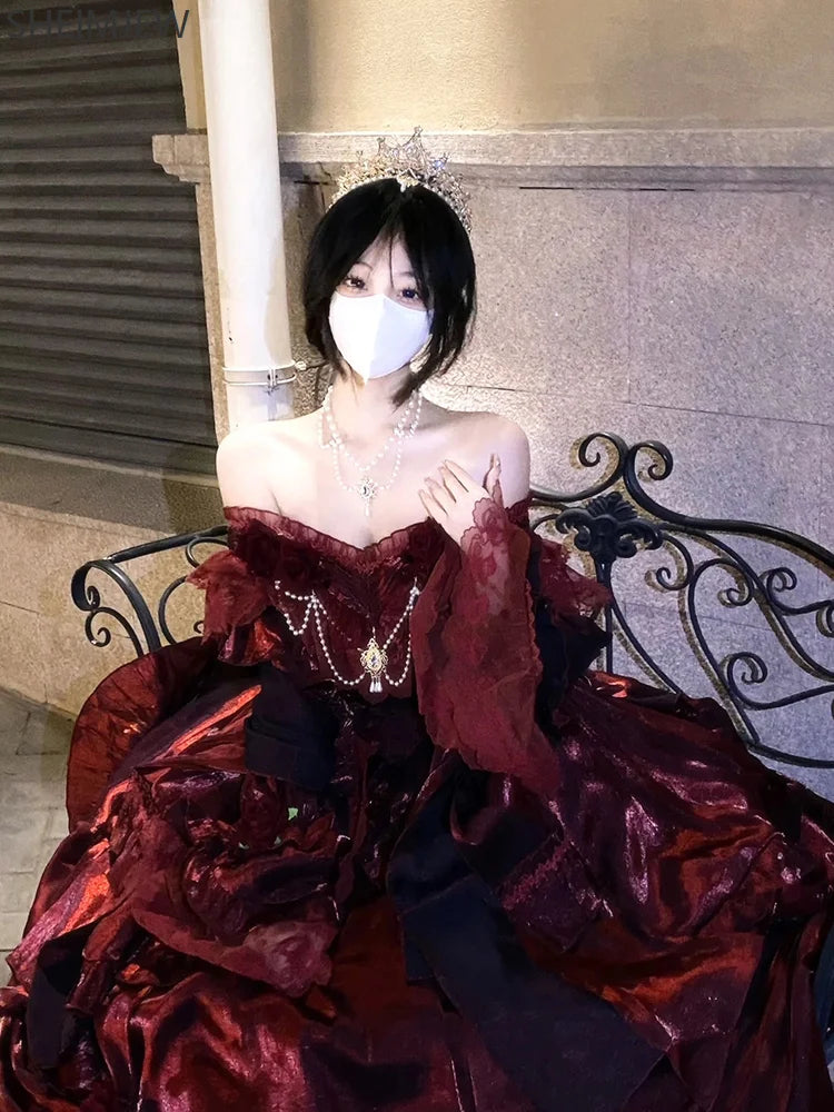 Pigeon Blood Red Bride Wedding Dress Female Lolita Dress Role Play Gothic Rose Flower Elegant Princess Dress Adult Ceremony Gown