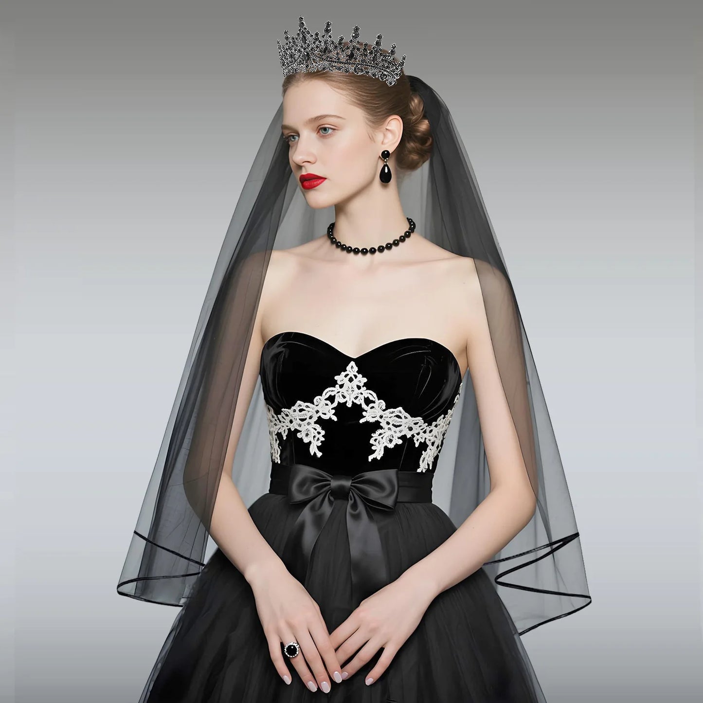 Women Girl Halloween Ghost Bride Black Wedding Crown Set Gothic Style Party Holiday DIY Decorations