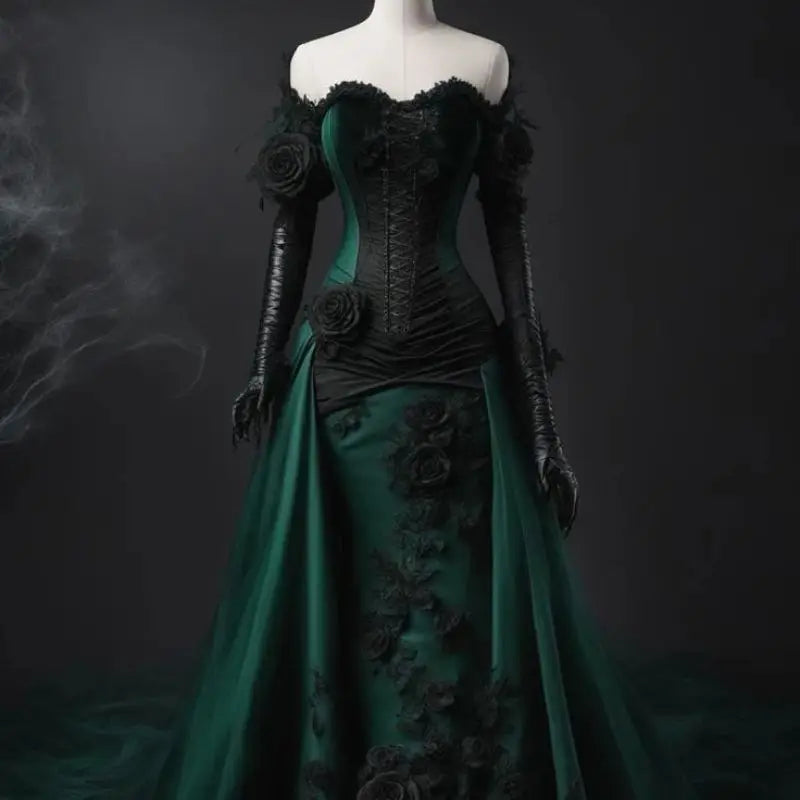 Dark Green And Black Gothic Wedding Dress Off-Shoulder Short Sleeves Flowers Appliques Mermaid Vintage Bridal Gowns Customized