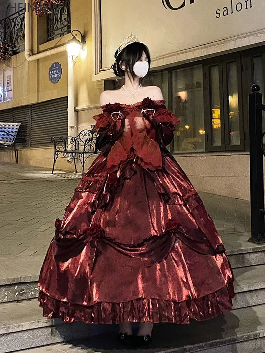 Pigeon Blood Red Bride Wedding Dress Female Lolita Dress Role Play Gothic Rose Flower Elegant Princess Dress Adult Ceremony Gown