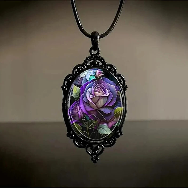 Gothic Style Oval Red Rose Flower Glass Pendant Necklace For Women Punk Halloween Jewelry Gifts