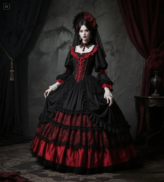 Victorian Gothic Wedding Dresses Black burgundy long sleeve Halloween Costume Witch corset Bridal Dress Customized