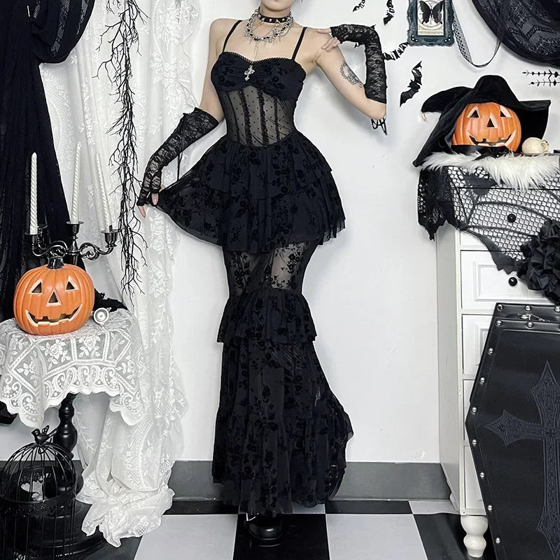 Gothic Dress Autumn 2024 New Sexy Long Dress Halloween Dark Style Elegant Mesh Strap Dress for Women