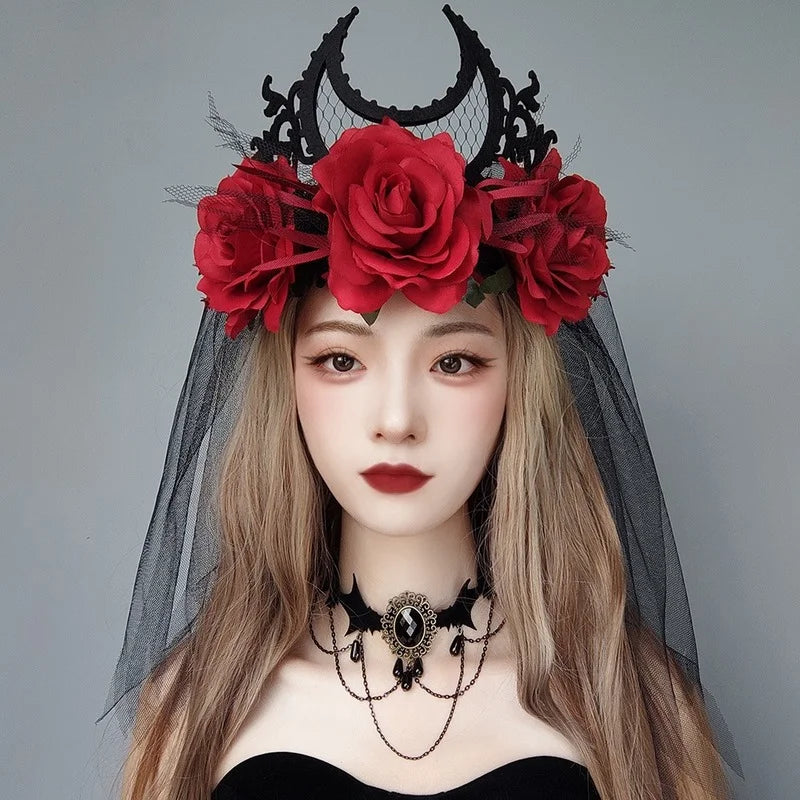 Gothic Tiara Crown Black Red Rose Headband Halloween King Bride Headdress Witch Cosplay Headdress Masquerade Party Headwear