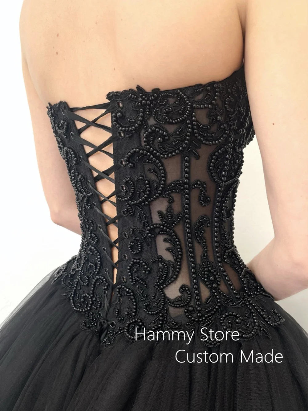 Pearls Gothic Wedding Dress Customized Sweetheart Applique Ball Gown Corset Bride Dresses Robe Mariee Black Wedding Gowns