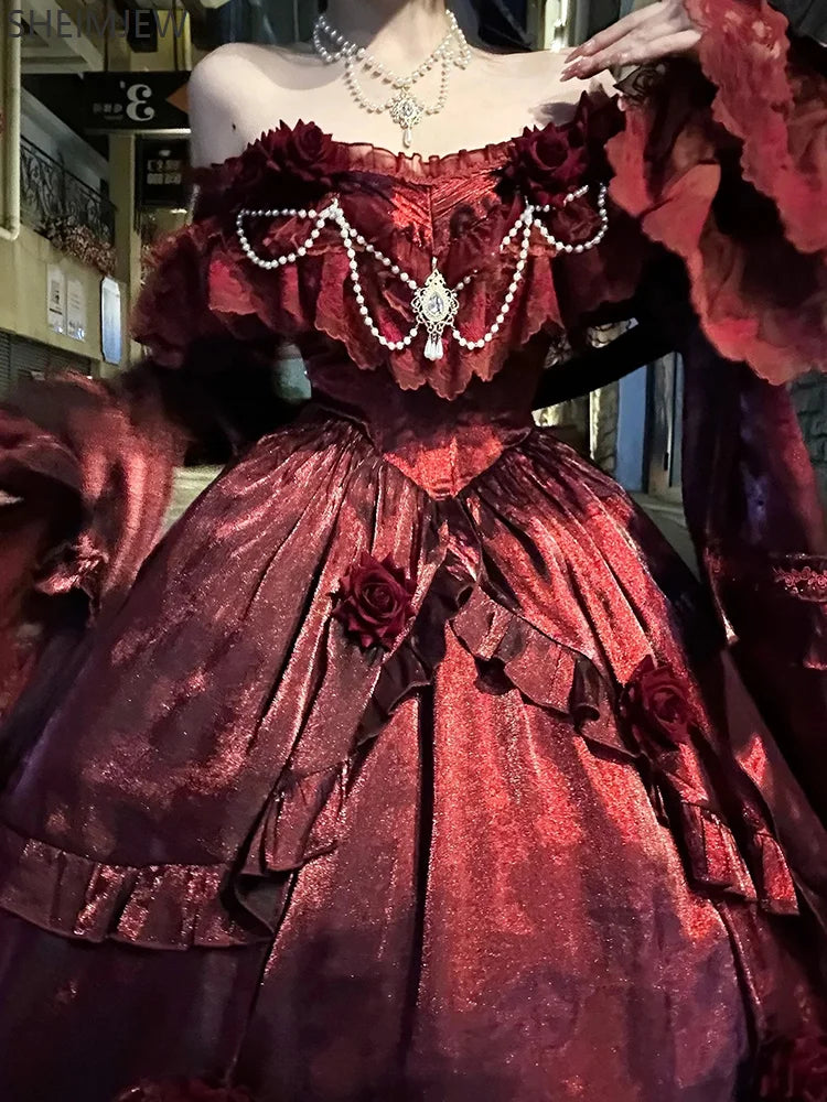 Pigeon Blood Red Bride Wedding Dress Female Lolita Dress Role Play Gothic Rose Flower Elegant Princess Dress Adult Ceremony Gown