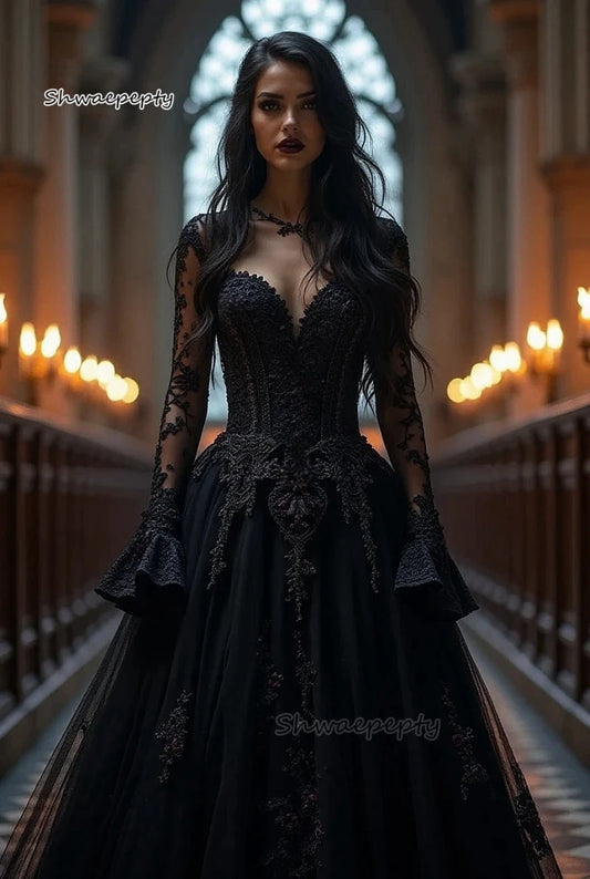 Gothic Black Wedding Dress Long Sleeves A-Line Long Tulle Bridal Gown lace Applique Beaded Corset Vintage Bridal Gown Customized