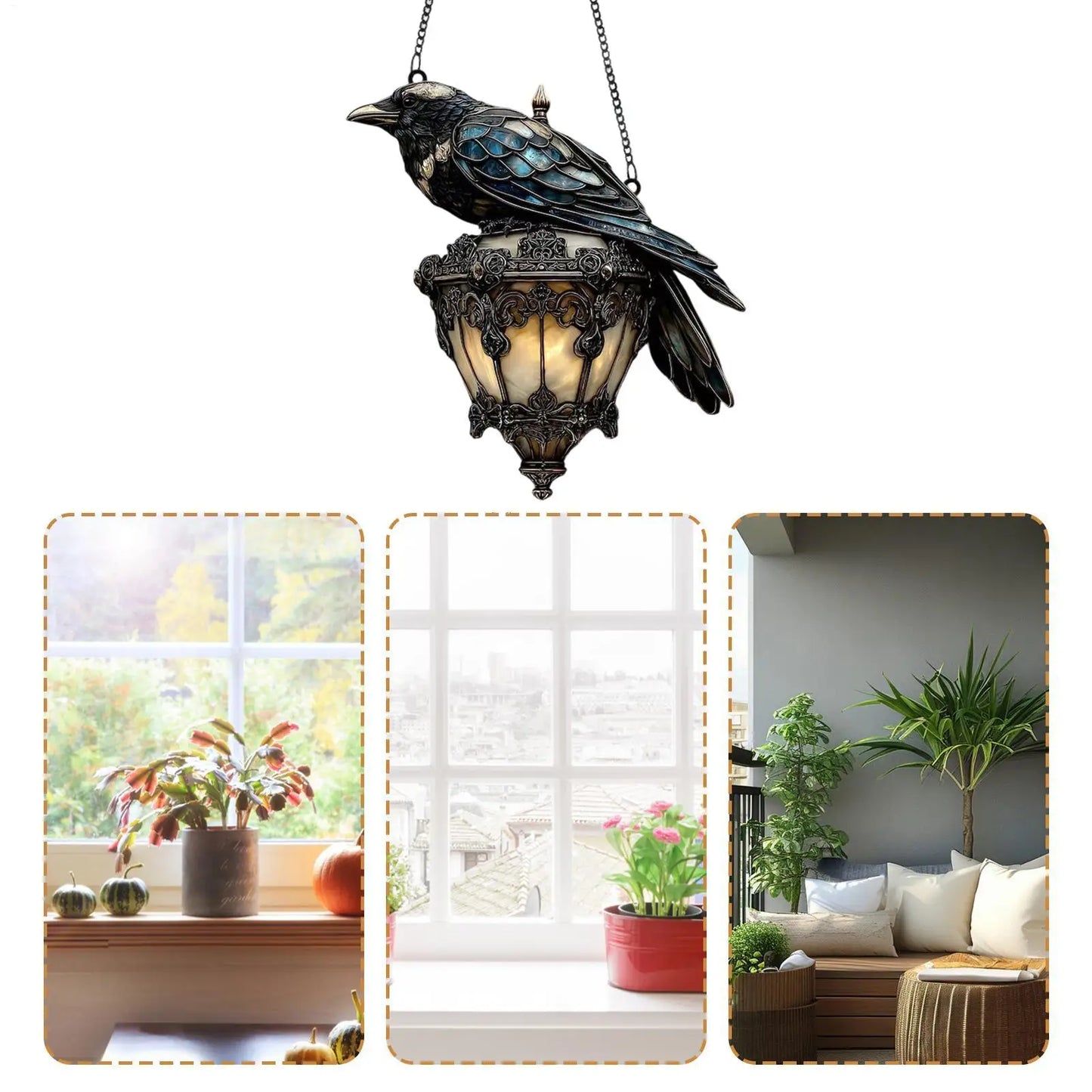 Gothic Crow on Lantern Ornament Sign 2D Acrylic Sign Halloween crow stained glass lantern Home Decorations for Holiday Party