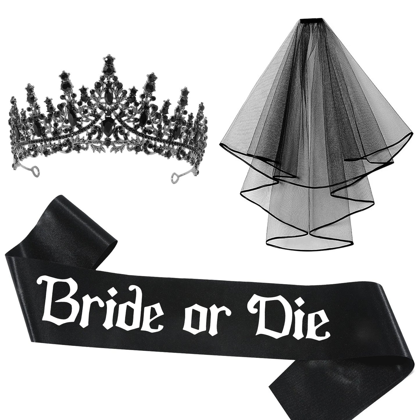 Women Girl Halloween Ghost Bride Black Wedding Crown Set Gothic Style Party Holiday DIY Decorations