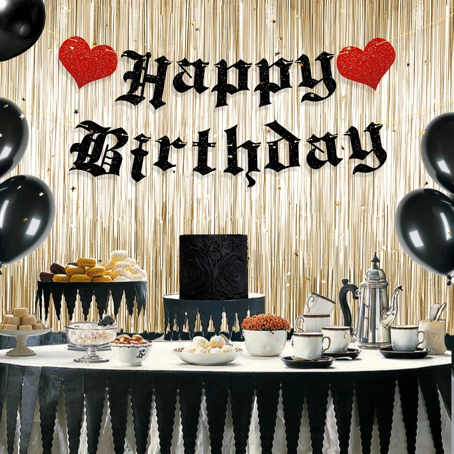 Goth Birthday Decorations, Gothic Happy Birthday Banner Glitter Funeral Party Supplies Halloween Birthday Party Banner Decoratio