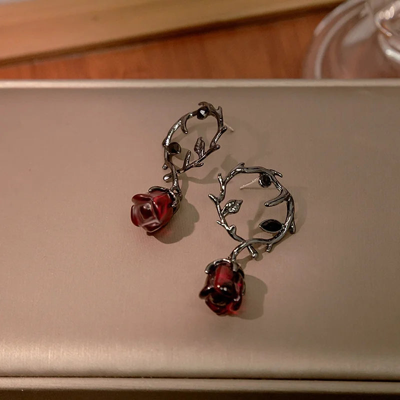 Gothic Red Rose Blossom Earrings Women Punk Halloween Jewellery Creativity Fashion Gorgeous Statement Jewelry Girl Gifts