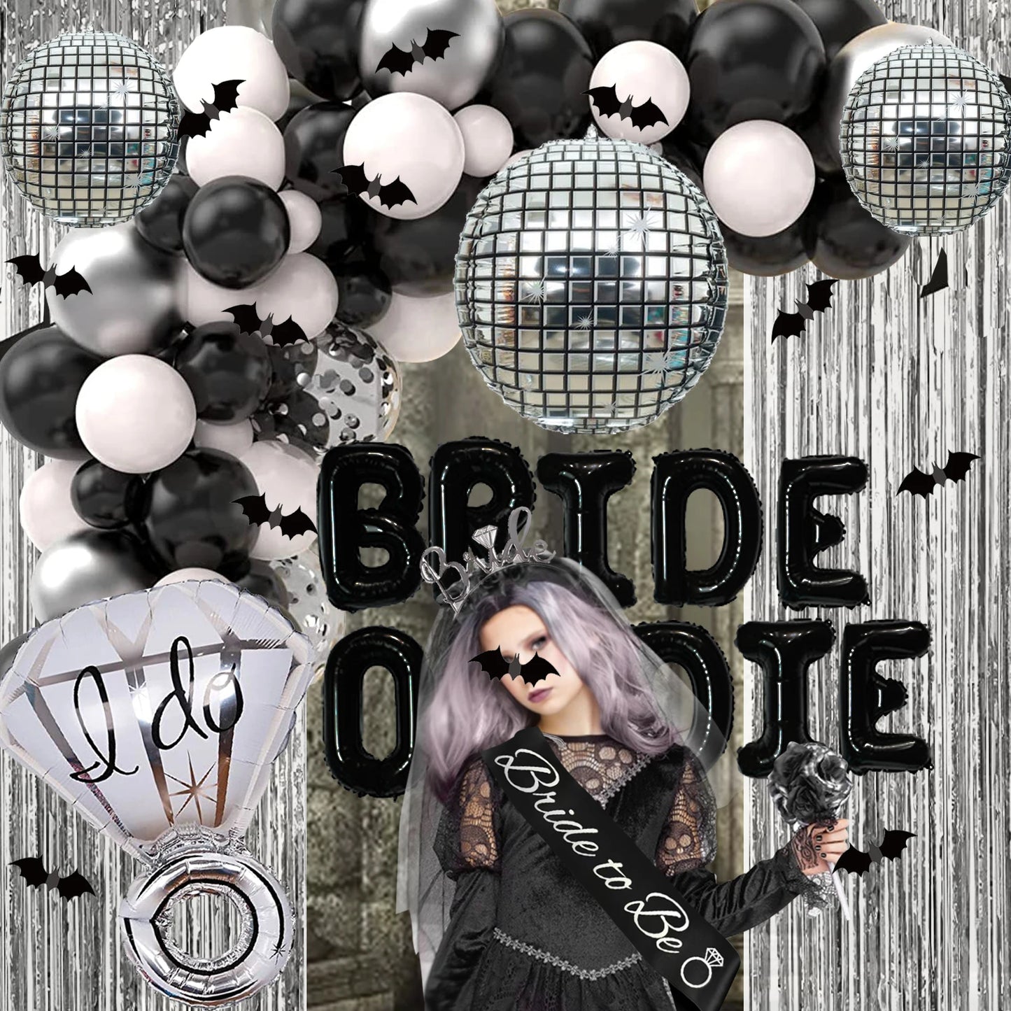Goth Black White BRIDE OR DIE Bachelorette Bridal Shower Party Decorations, Diamond Ring Disco Balloons Garland Foil Curtains