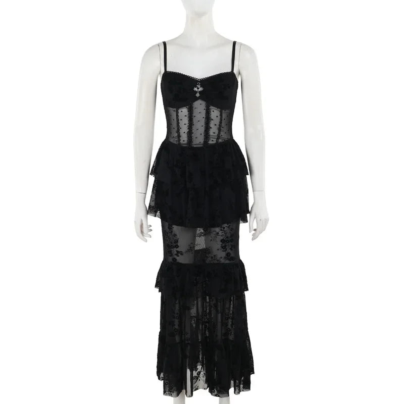 Gothic Dress Autumn 2024 New Sexy Long Dress Halloween Dark Style Elegant Mesh Strap Dress for Women