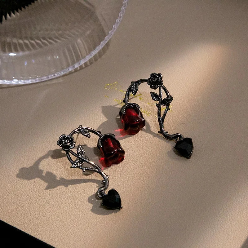 Gothic Red Rose Blossom Earrings Women Punk Halloween Jewellery Creativity Fashion Gorgeous Statement Jewelry Girl Gifts