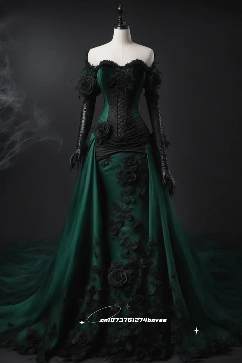 Dark Green And Black Gothic Wedding Dress Off-Shoulder Short Sleeves Flowers Appliques Mermaid Vintage Bridal Gowns Customized