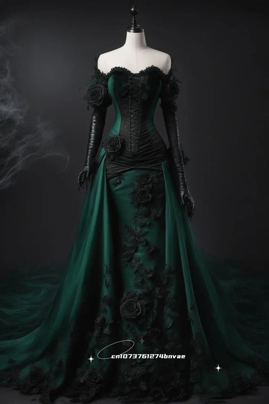 Dark Green And Black Gothic Wedding Dress Off-Shoulder Short Sleeves Flowers Appliques Mermaid Vintage Bridal Gowns Customized