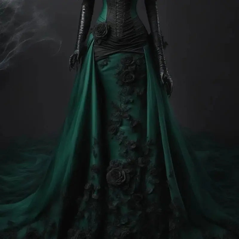 Dark Green And Black Gothic Wedding Dress Off-Shoulder Short Sleeves Flowers Appliques Mermaid Vintage Bridal Gowns Customized