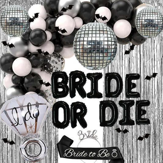 Goth Black White BRIDE OR DIE Bachelorette Bridal Shower Party Decorations, Diamond Ring Disco Balloons Garland Foil Curtains