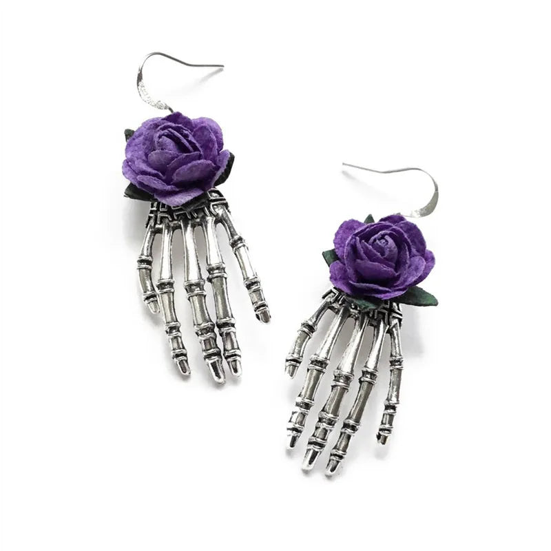 Gothic Red Rose And Silver Plated Skull Hand Earrings Wedding Party Holiday Gift For Men And Women Everyday Jewellery
