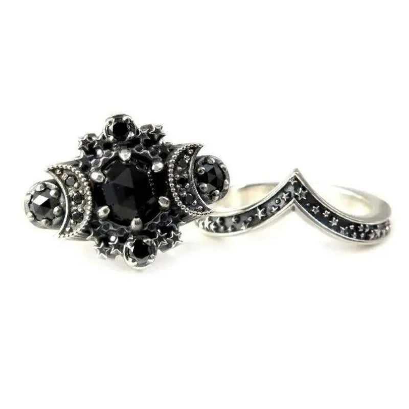 Gothic Cosmic Moon Goddess Engagement Ring Vintage Pentagram Black Party Vacation Jewelry Simple Style Natural Elements Rings