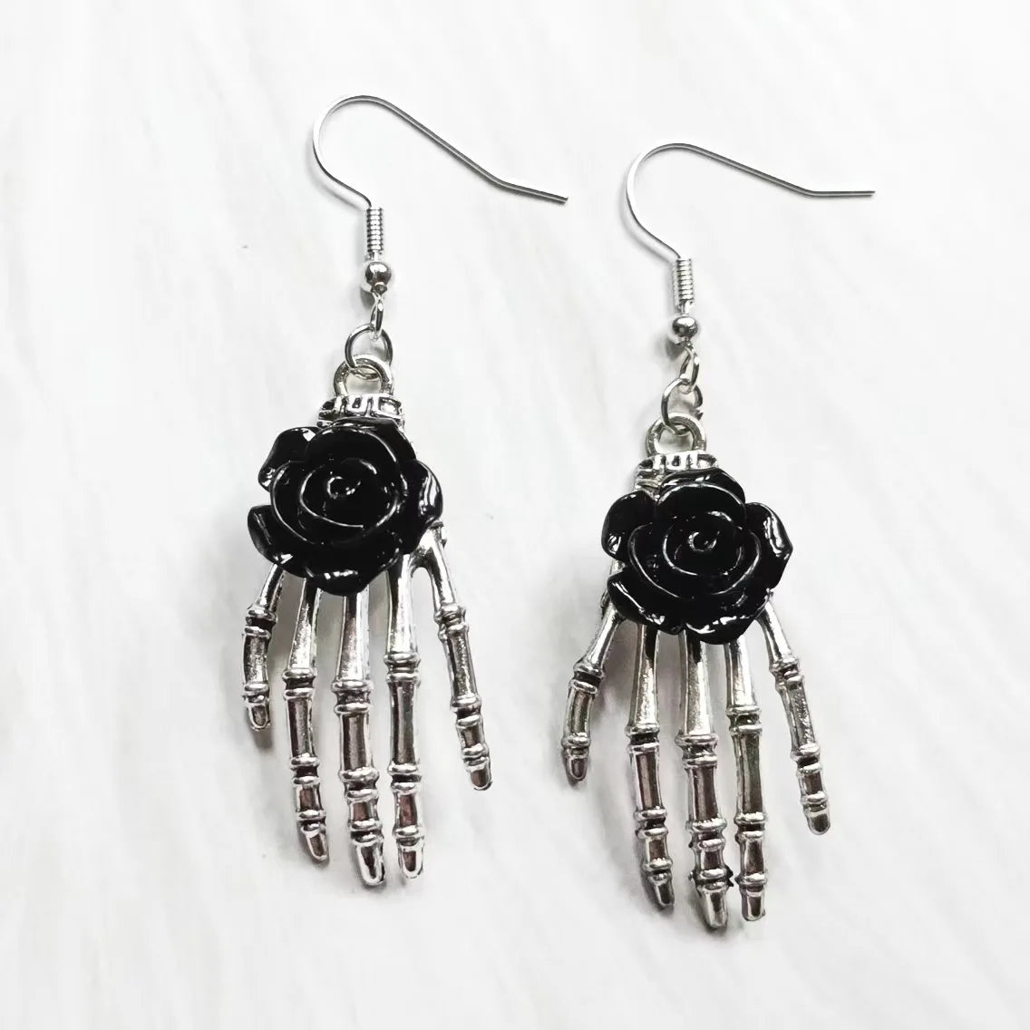 Gothic Red Rose And Silver Plated Skull Hand Earrings Wedding Party Holiday Gift For Men And Women Everyday Jewellery