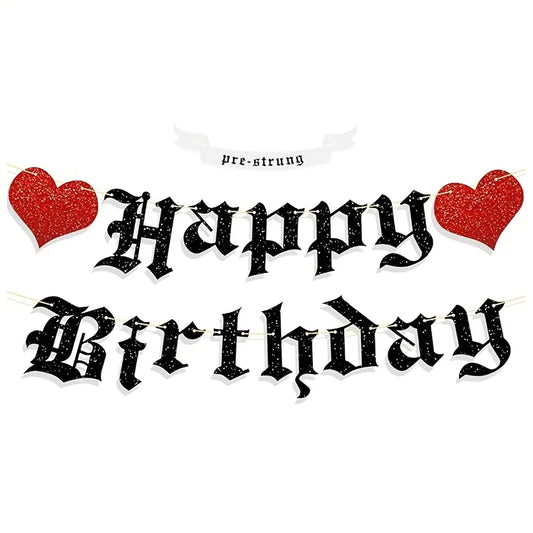 Goth Birthday Decorations, Gothic Happy Birthday Banner Glitter Funeral Party Supplies Halloween Birthday Party Banner Decoratio