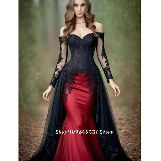 Black And Red Gothic Wedding Dress Long Sleeves Vintage Victorian Mermaid Bridal Gown Customized Corset Lace-Up Vestido De Novia