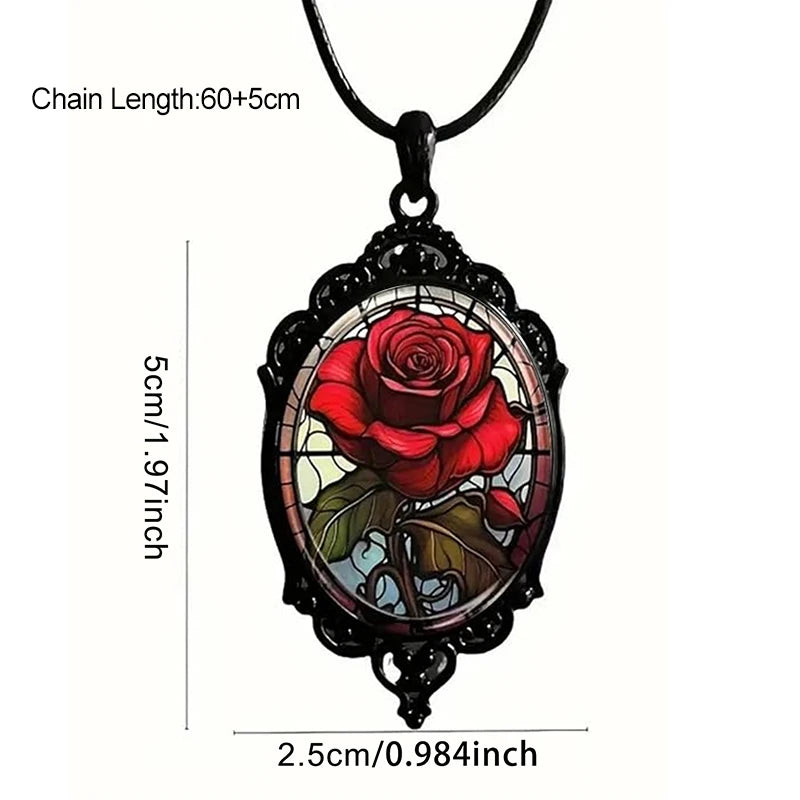 Gothic Style Oval Red Rose Flower Glass Pendant Necklace For Women Punk Halloween Jewelry Gifts