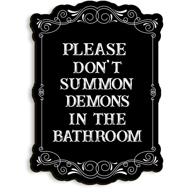 Gothic Bathroom Wall Art – 'Please Do Not Summon Demons' Funny Spooky Sign, Occult Wooden Hanging Decor for Dark Humor Lovers